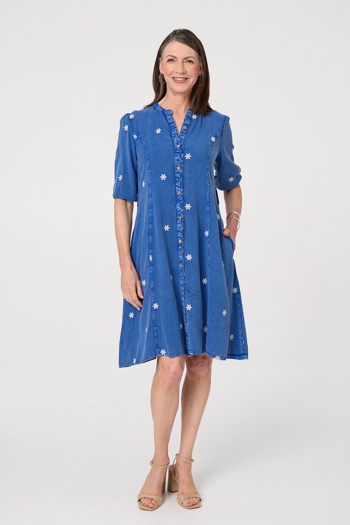 Floral Detail Buttoned Knee Length Dress Detail View