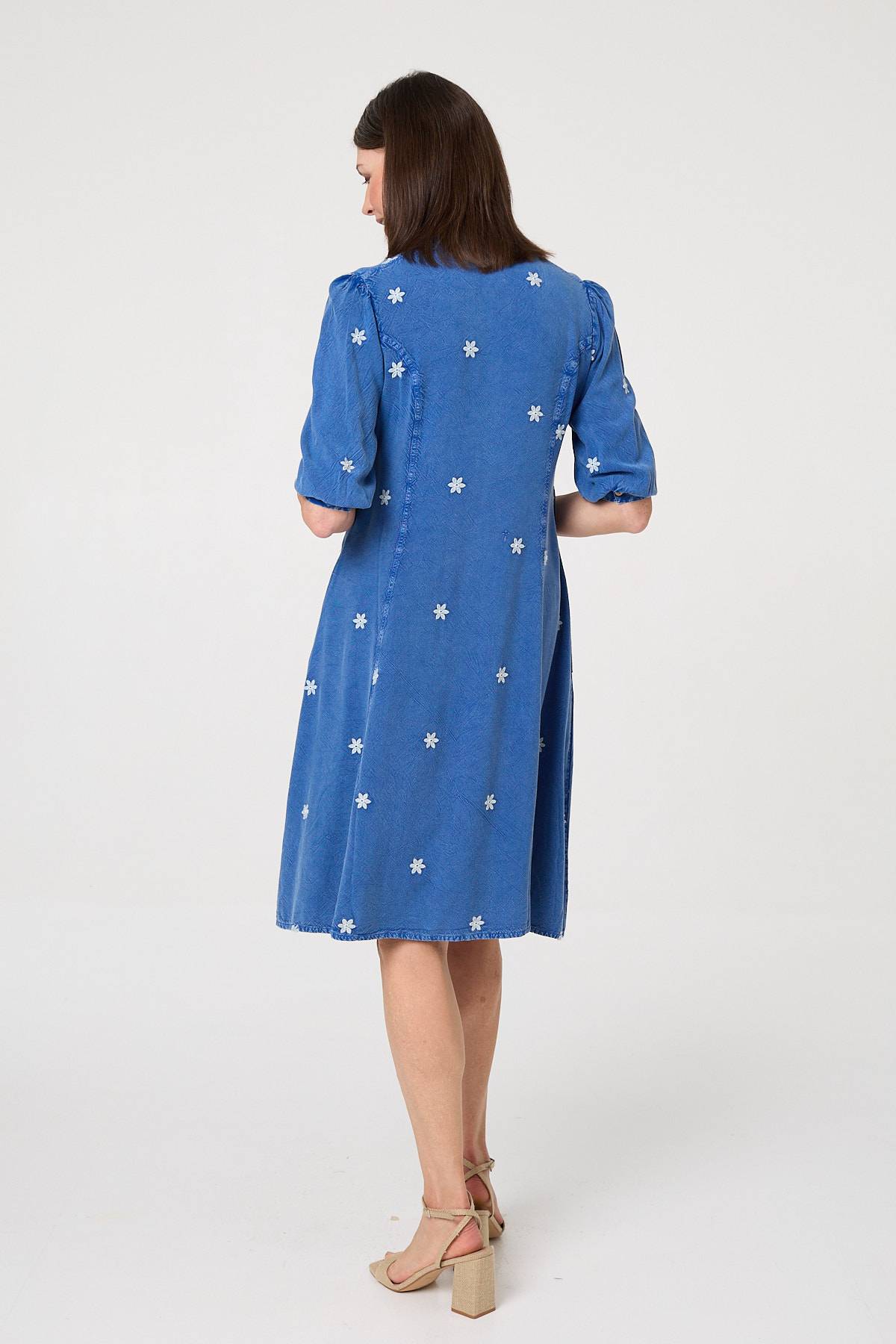 Floral Detail Buttoned Knee Length Dress Full Length View