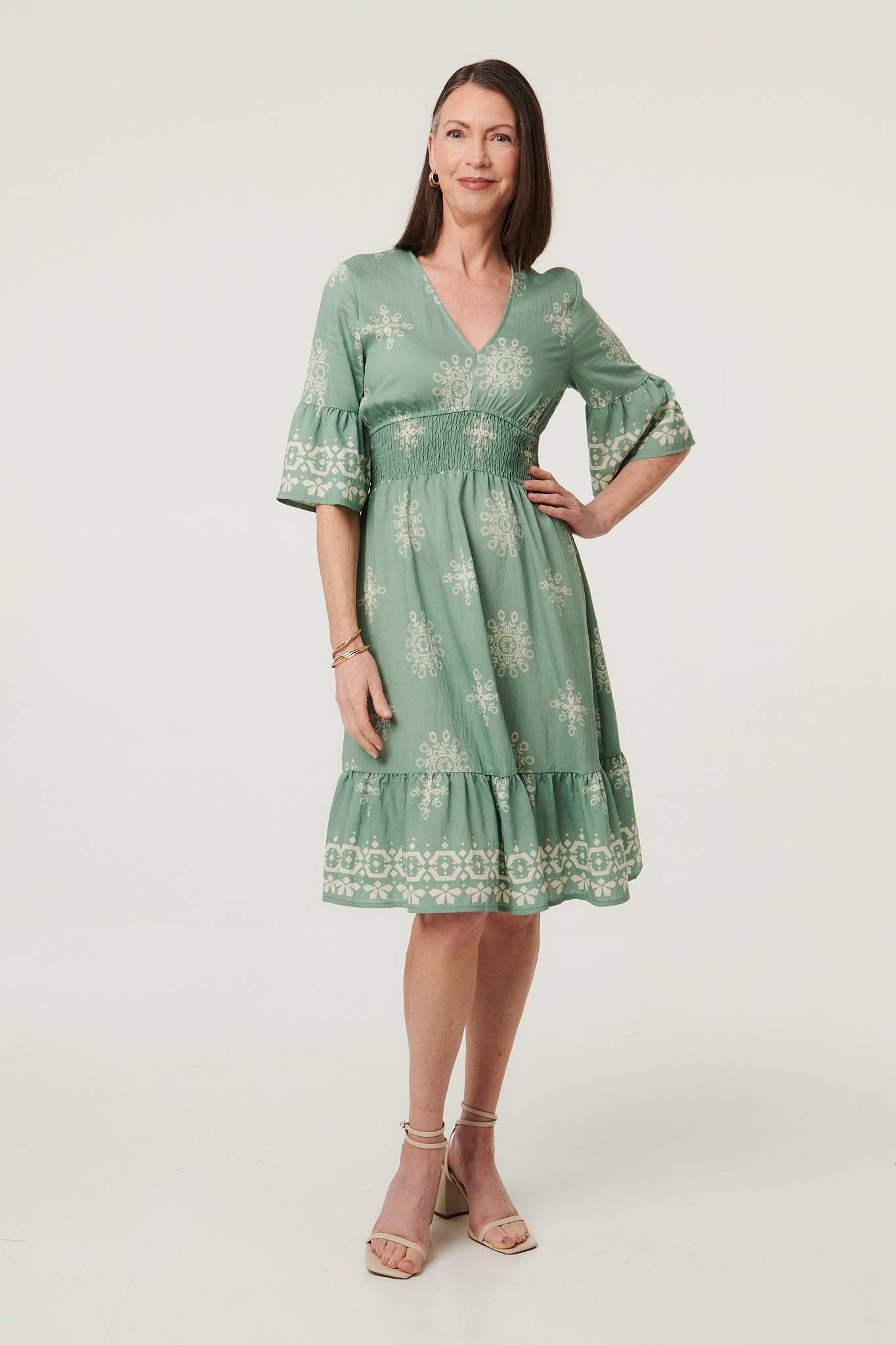 Border Print Knee Length Dress Front View