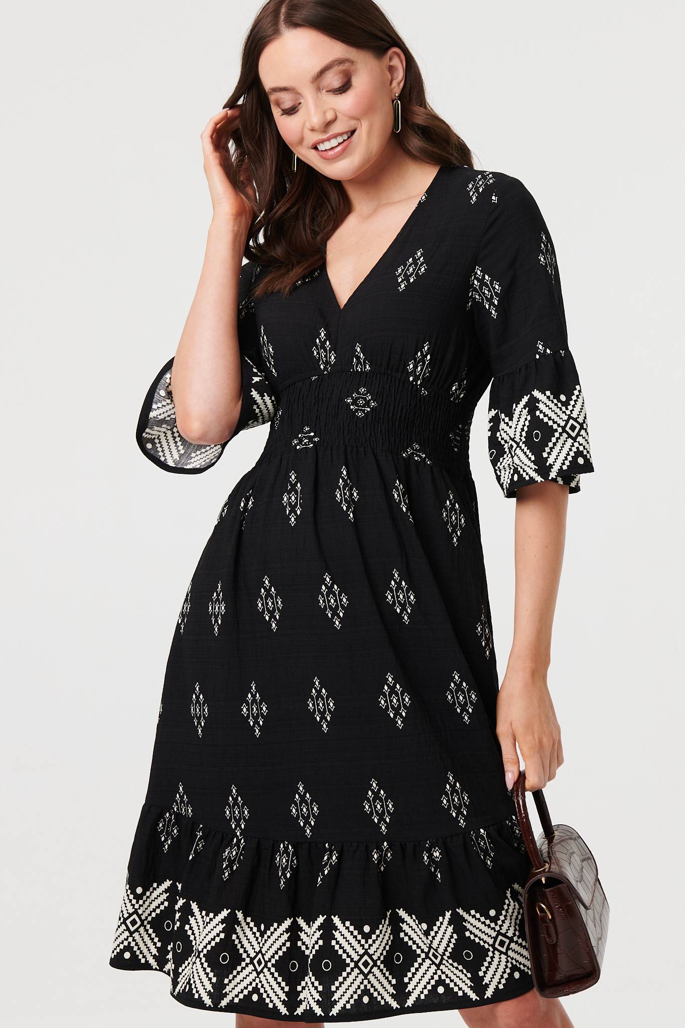 Border Print Relaxed Knee Length Dress Front View 2