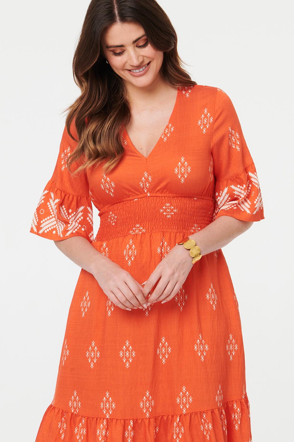 Border Print Relaxed Knee Length Dress Detail View