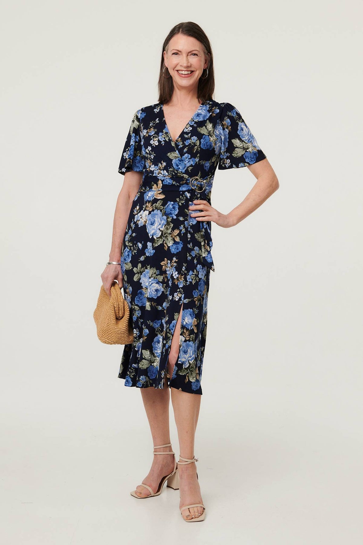 Floral Angel Sleeve Wrap Midi Dress Front View