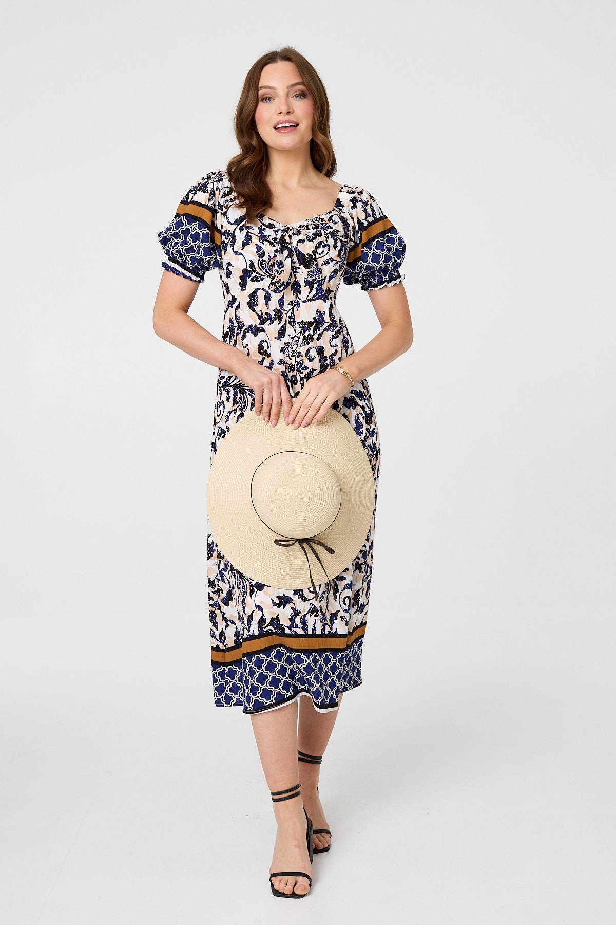 Floral Border Puff Sleeve Midi Dress Detail View