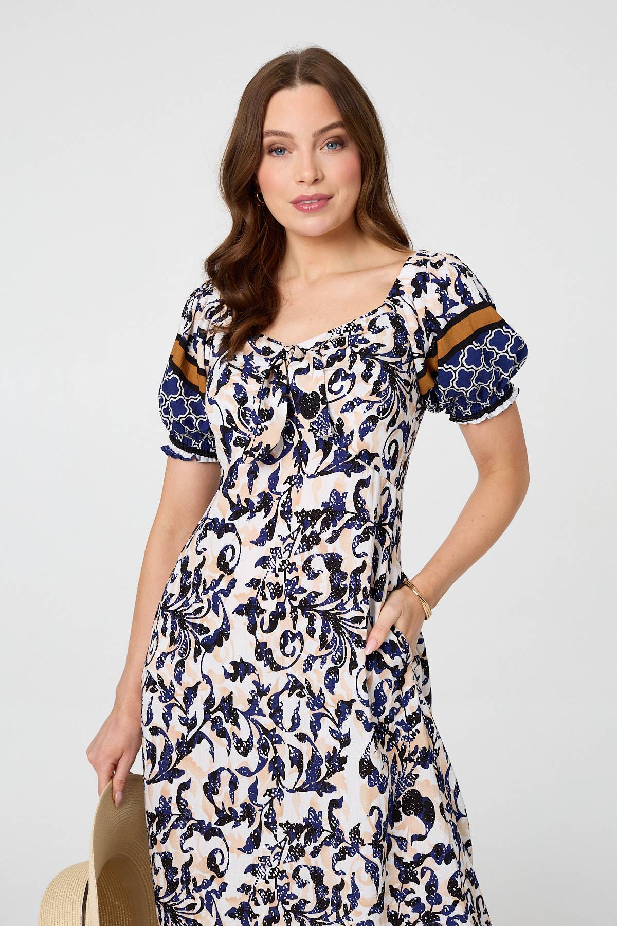 Floral Border Puff Sleeve Midi Dress Back View