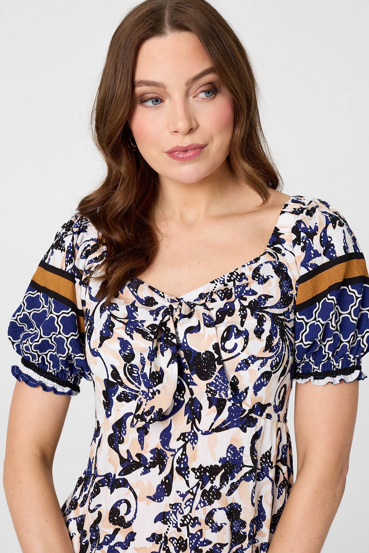 Floral Border Puff Sleeve Midi Dress Styled View