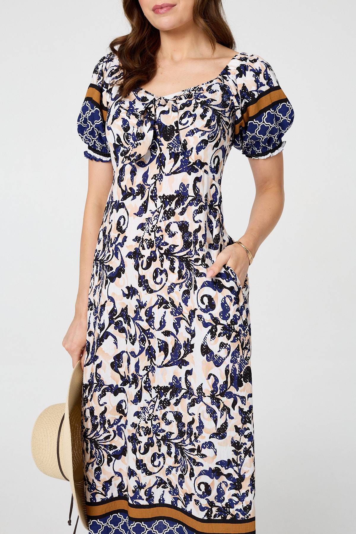 Floral Border Puff Sleeve Midi Dress Full Length View