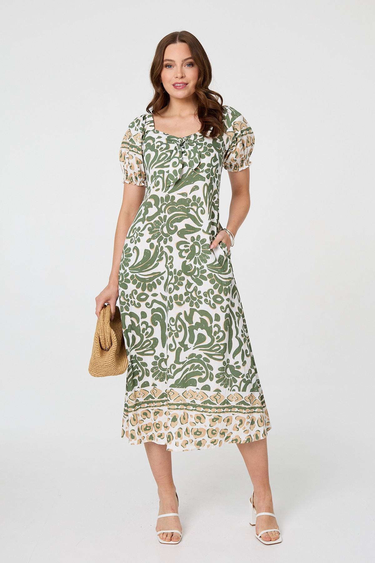 Printed Tie Front Puff Sleeve Midi Dress Front View