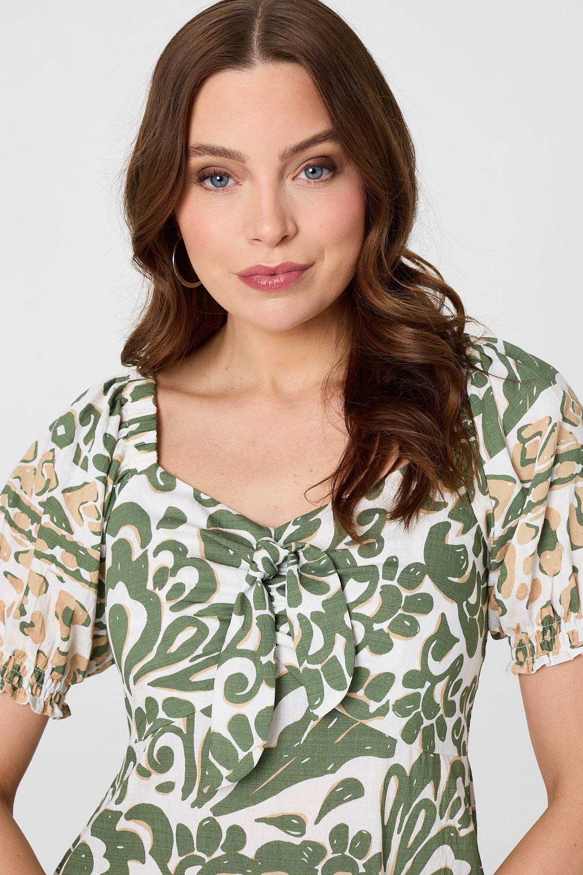 Printed Tie Front Puff Sleeve Midi Dress Detail View