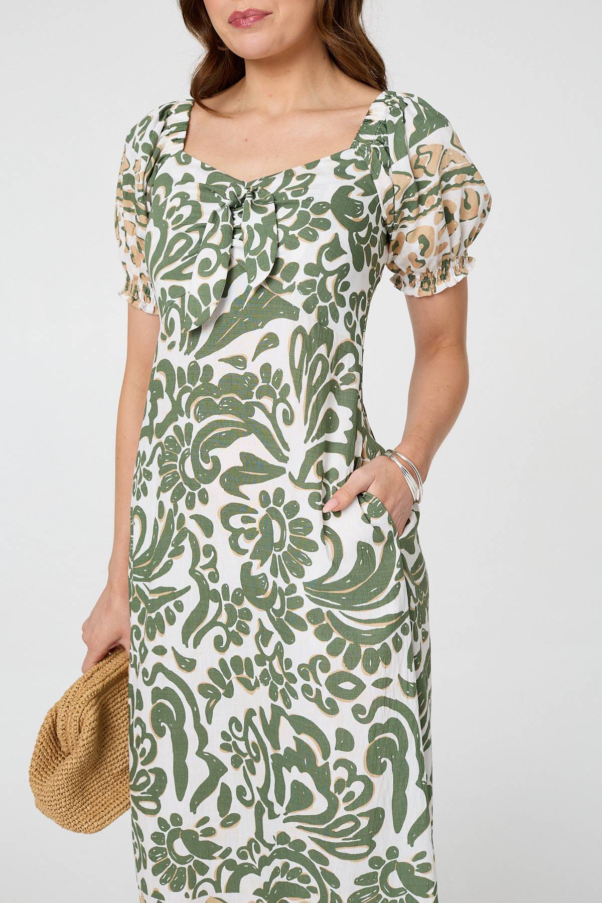 Printed Tie Front Puff Sleeve Midi Dress Styled View