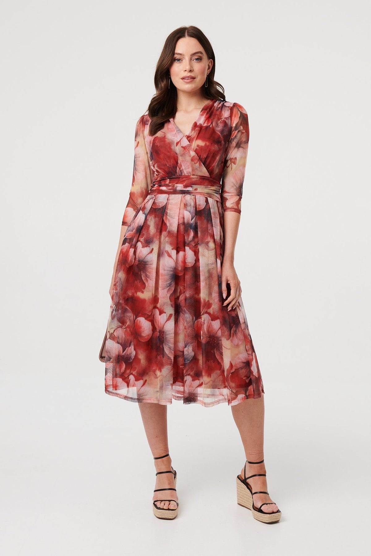 Floral 3/4 Sleeve Mesh Midi Wrap Dress Back View