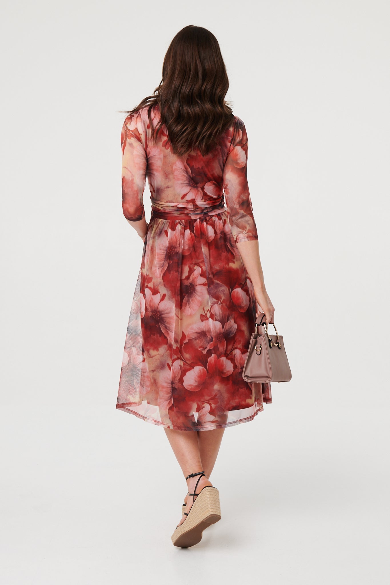 Floral 3/4 Sleeve Mesh Midi Wrap Dress Side View