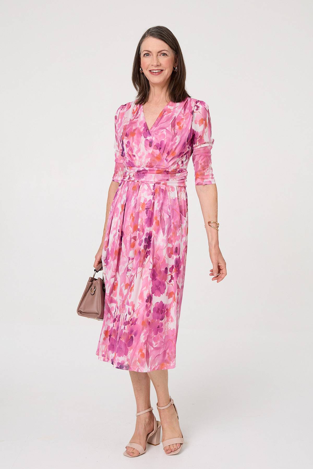 Printed Mesh Layer Pleat Wrap Midi Dress Back View
