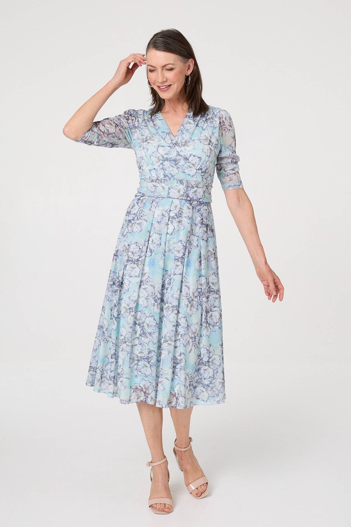 Printed Mesh Texture Midi Wrap Dress Back View