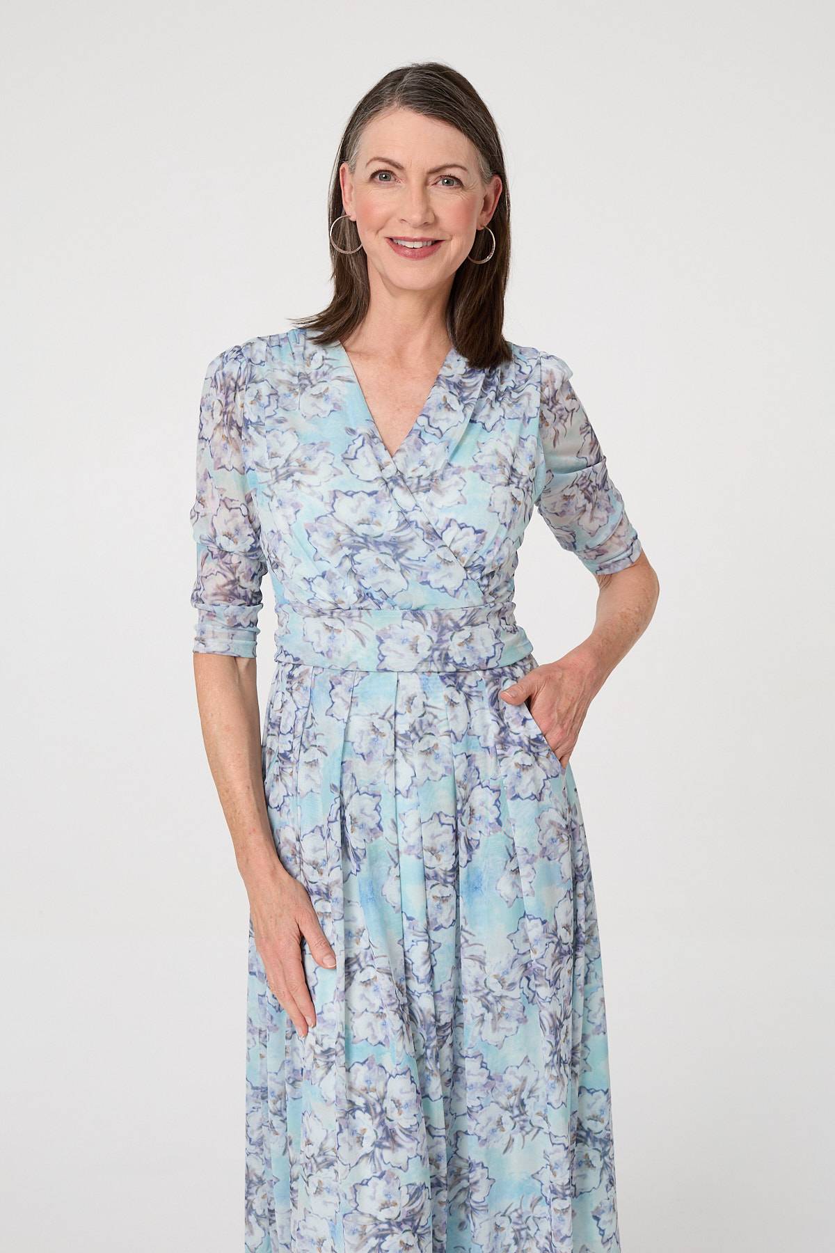 Printed Mesh Texture Midi Wrap Dress Detail View
