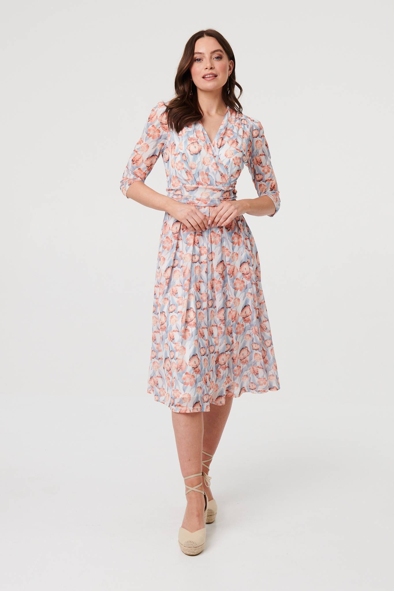Floral 3/4 Sleeve Pleat Midi Wrap Dress Front View
