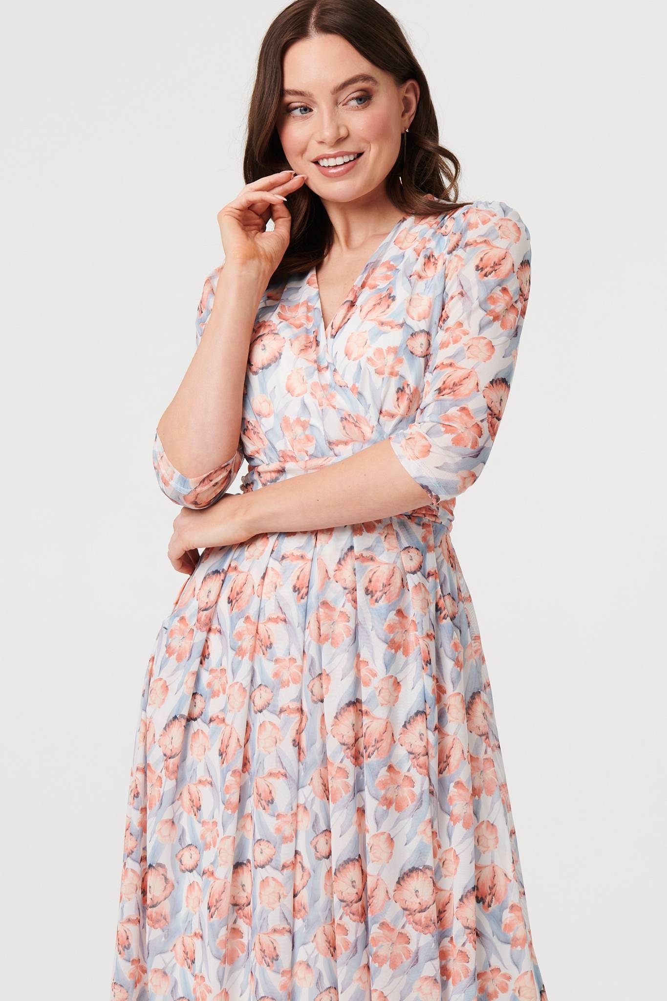 Floral 3/4 Sleeve Pleat Midi Wrap Dress Detail View