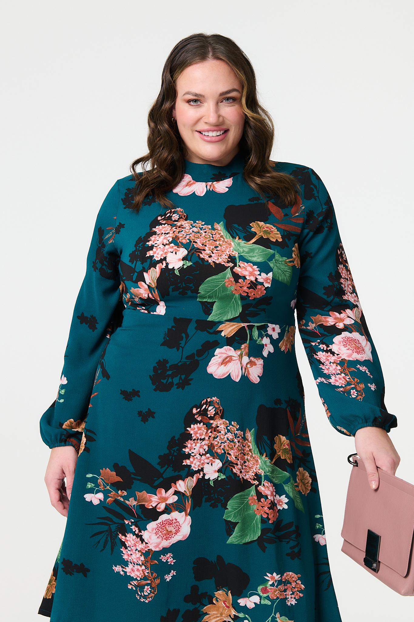 Curve Floral Long Sleeve Midi Dress Side View