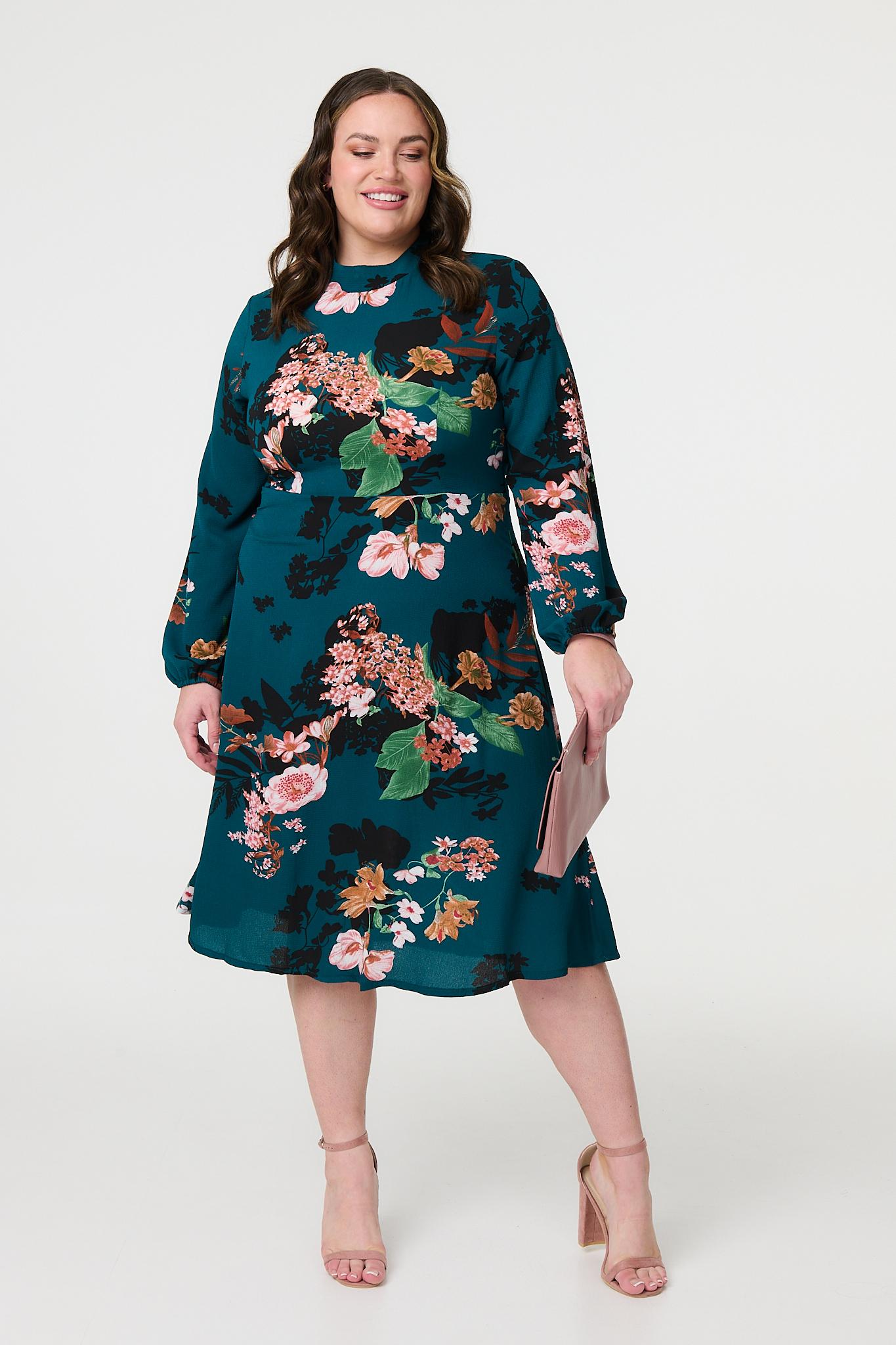 Curve Floral Long Sleeve Midi Dress Front View 2