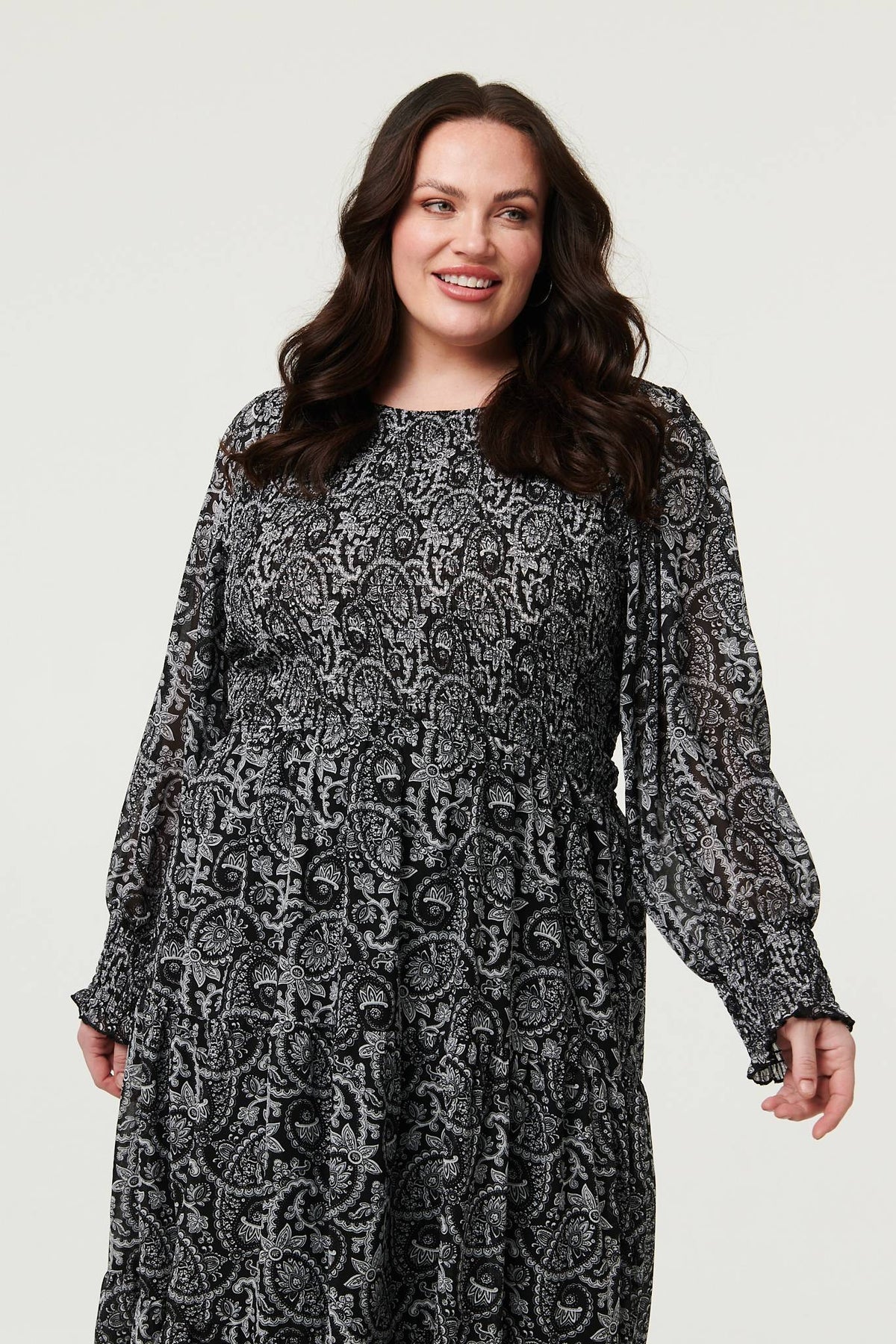 Curve Paisley Long Puff Sleeve Midi Smock Dress Side View