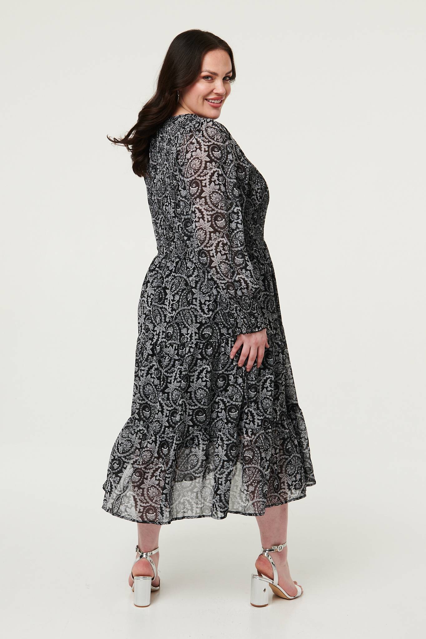 Curve Paisley Long Puff Sleeve Midi Smock Dress Styled View