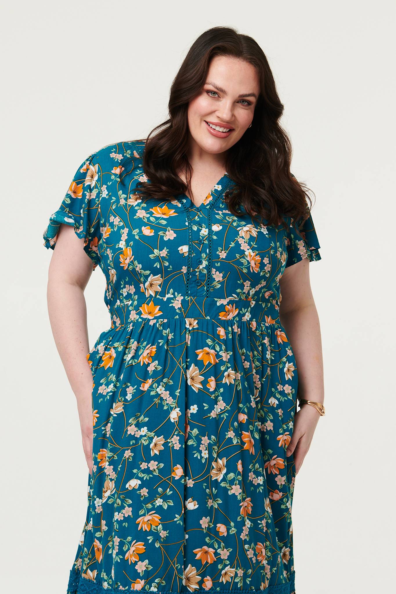 Curve Floral Lace Short Sleeve Midi Dress Styled View