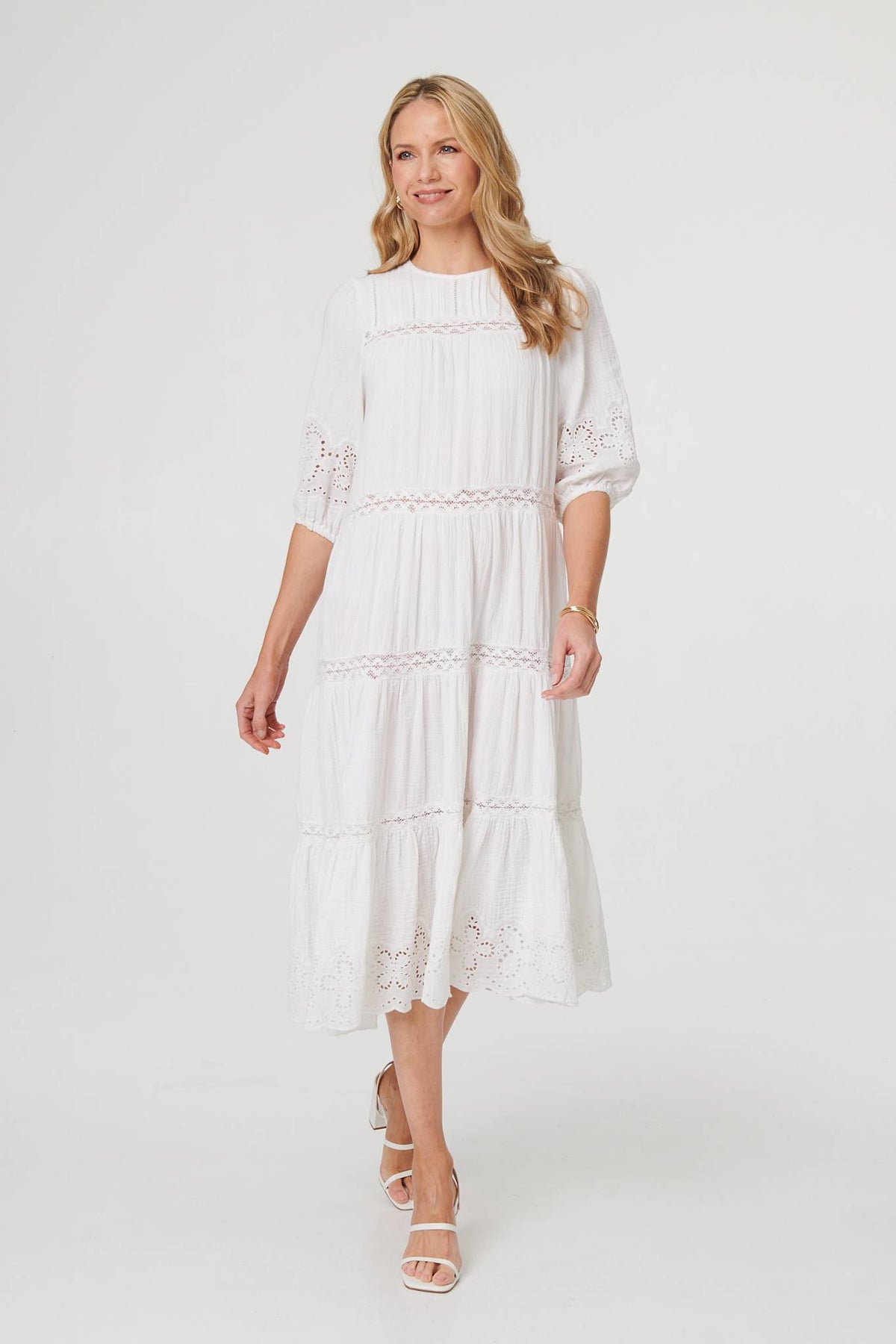 Broderie Anglaise Trim Tiered Midi Dress Front View