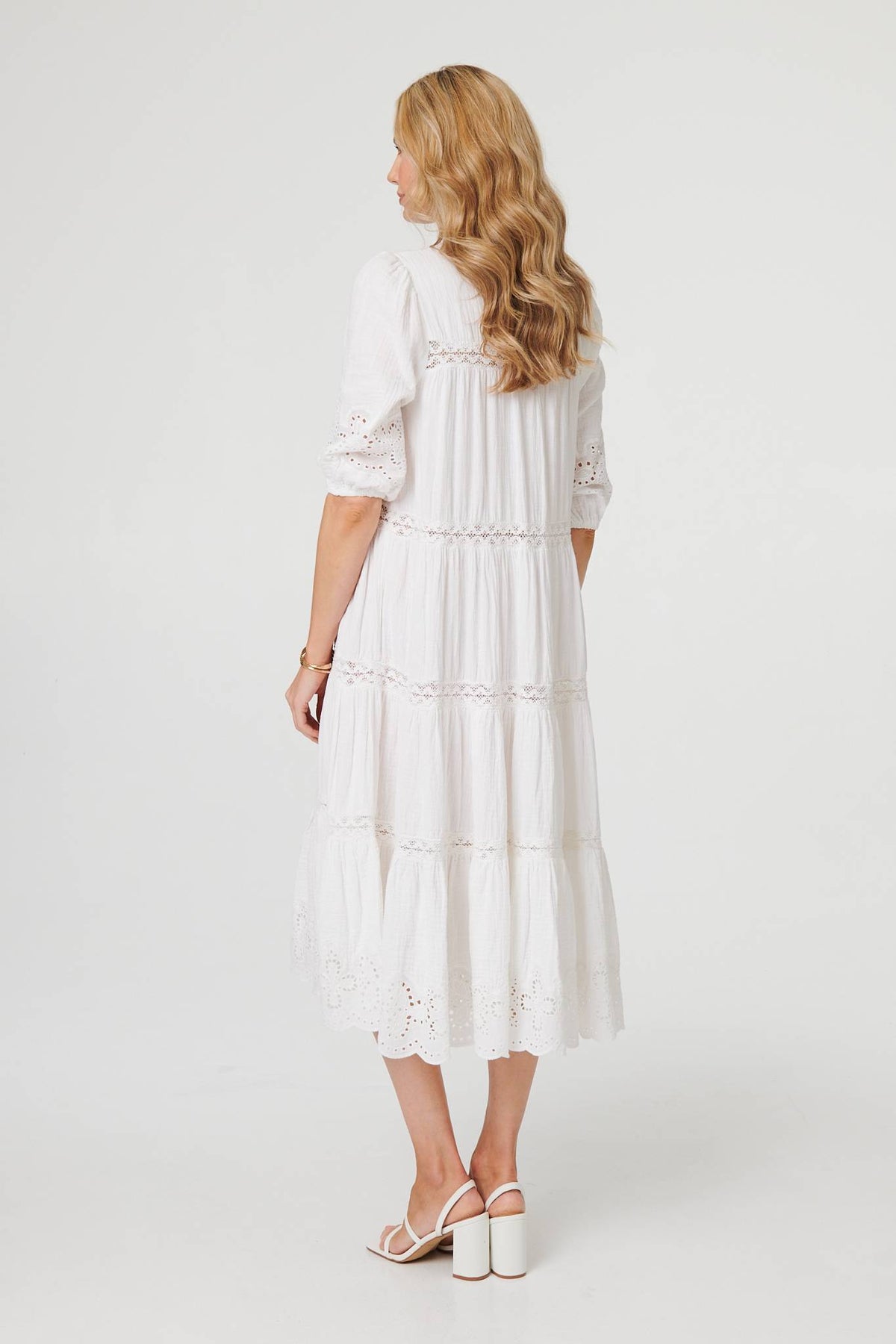 Broderie Anglaise Trim Tiered Midi Dress Side View