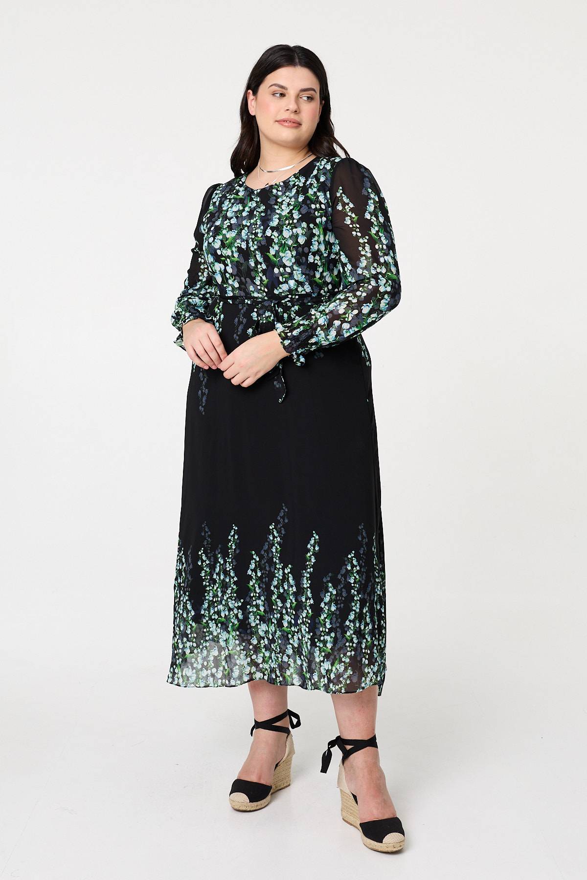 Curve Floral Long Sleeve Maxi Dress Front View 2