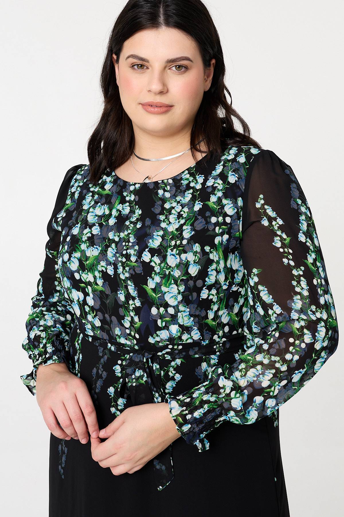Curve Floral Long Sleeve Maxi Dress Full Length View