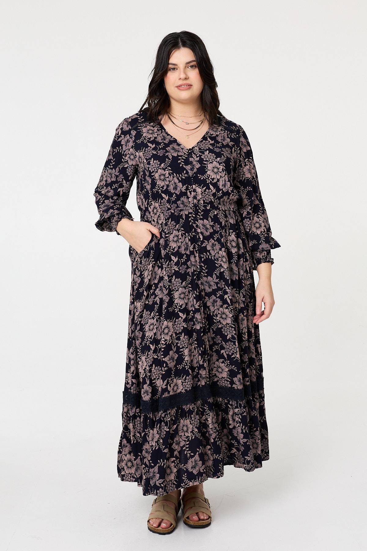 Curve Floral Lace Long Sleeve Maxi Dress Front View 2