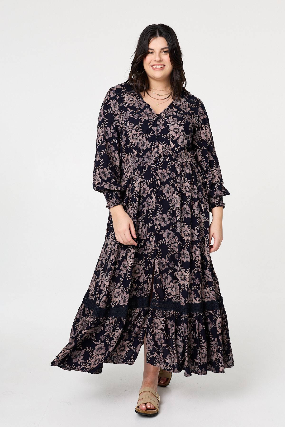 Curve Floral Lace Long Sleeve Maxi Dress Back View