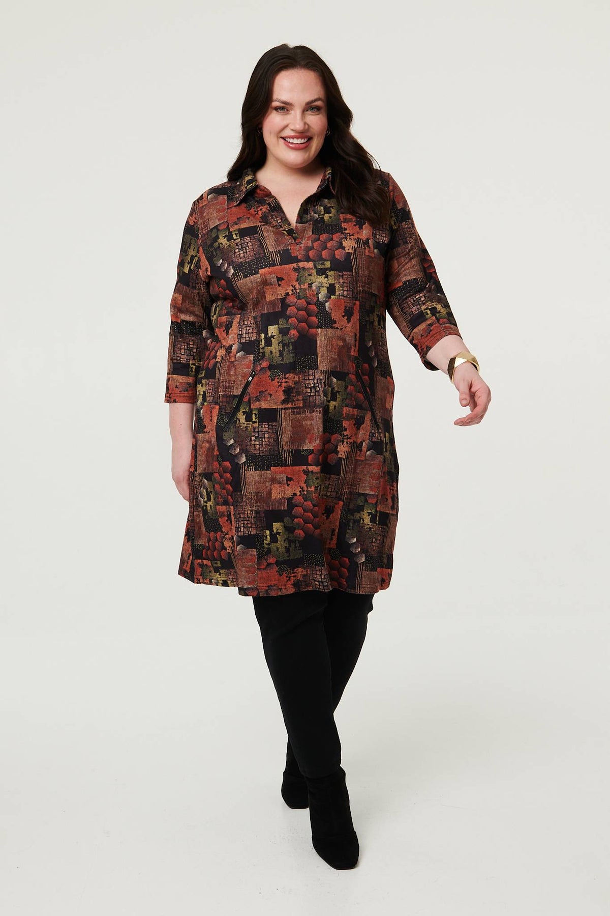 Curve Printed 3/4 Sleeve Collared Short Dress Styled View