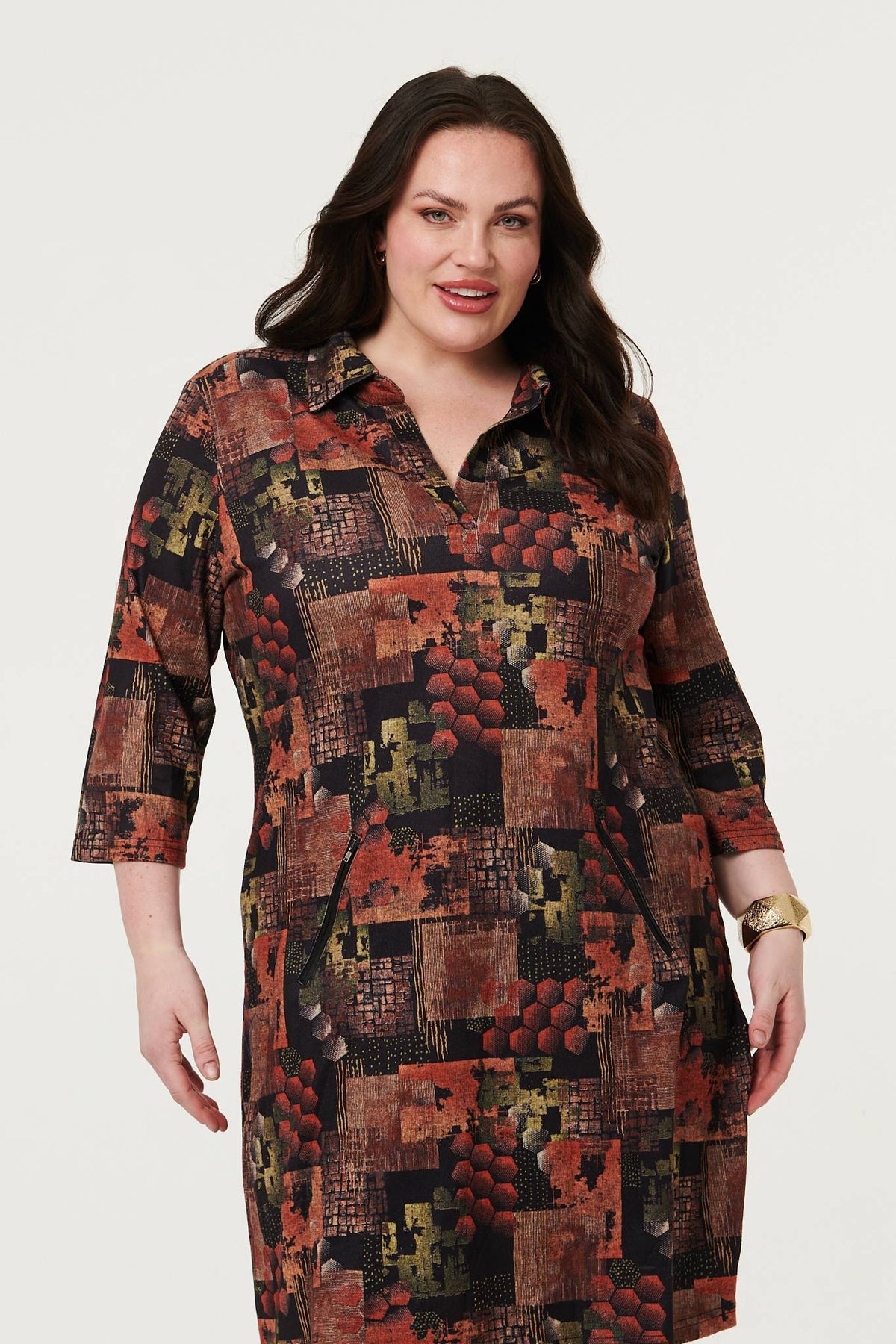 Curve Printed 3/4 Sleeve Collared Short Dress Back View