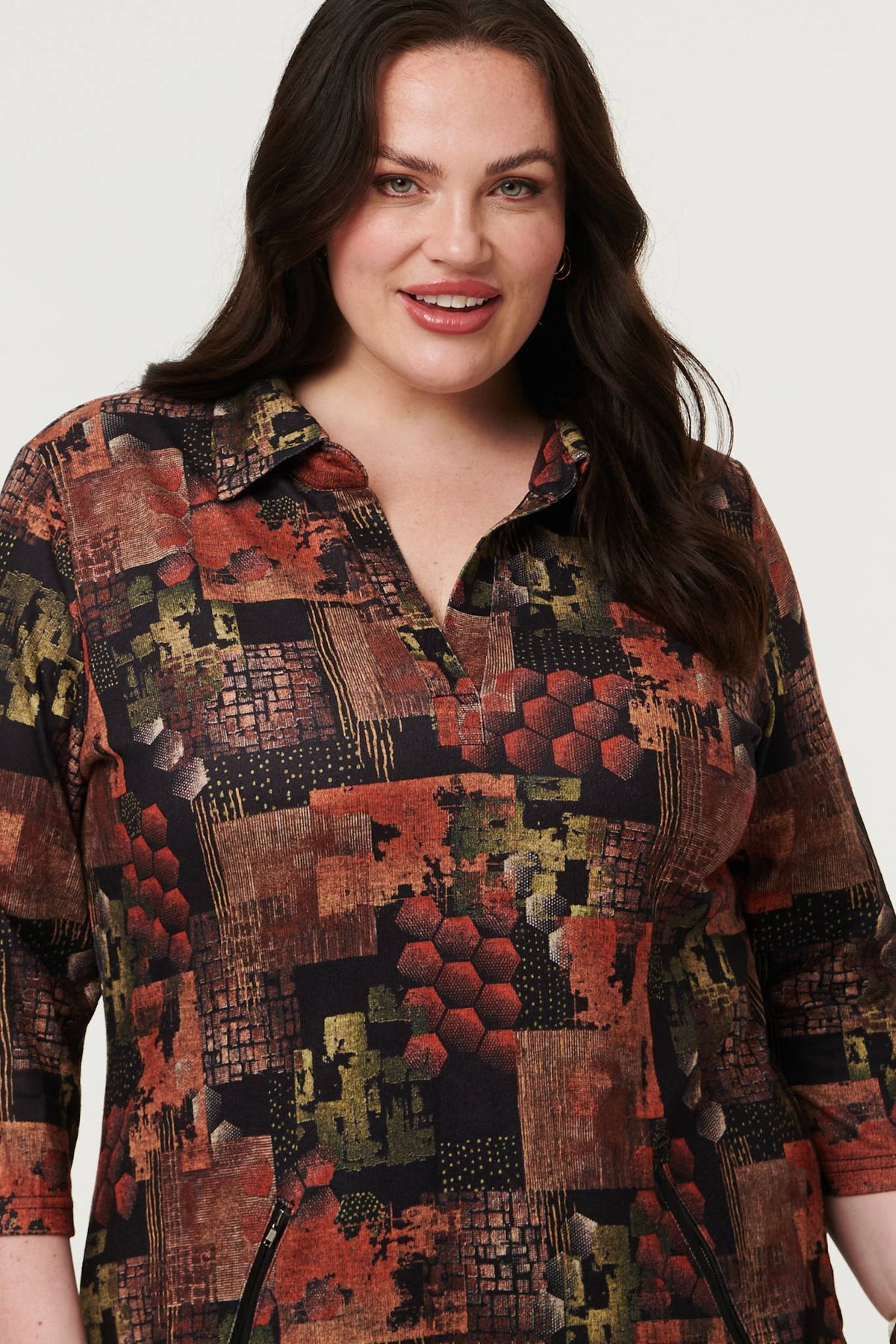 Curve Printed 3/4 Sleeve Collared Short Dress Full Length View