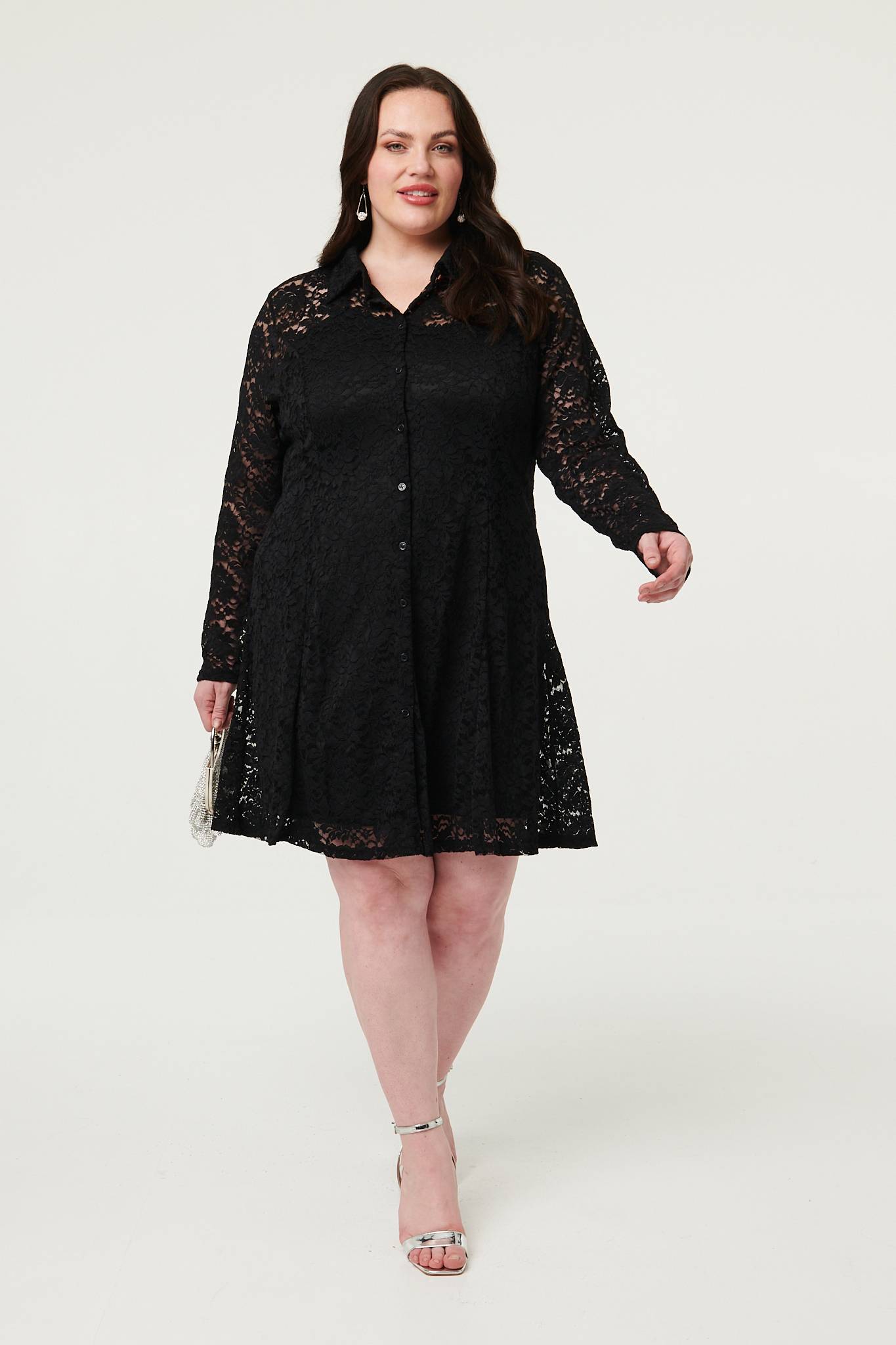 Curve Lace Layer Long Sleeve Short Shirt Dress Back View 2