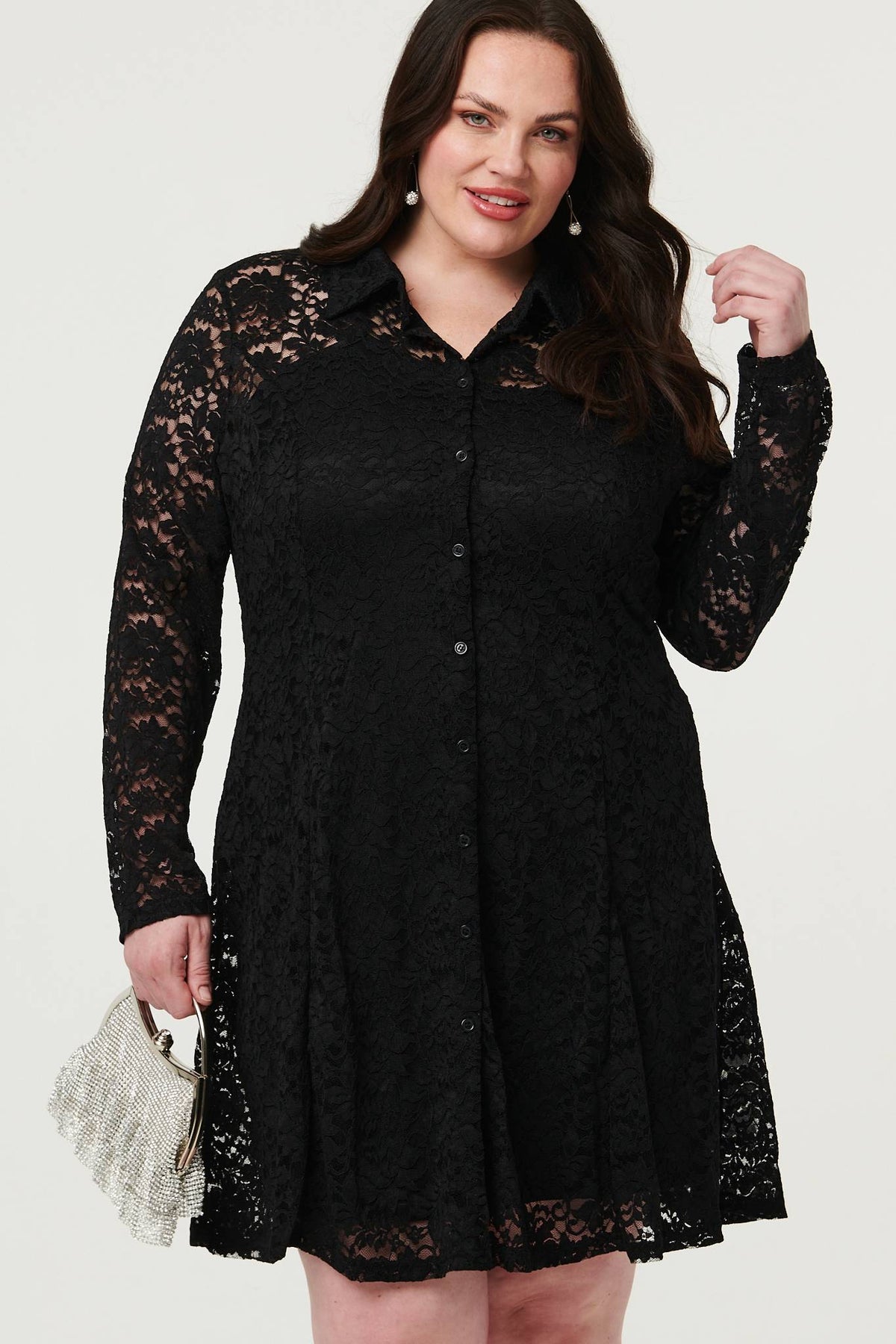 Curve Lace Layer Long Sleeve Short Shirt Dress Front View 2