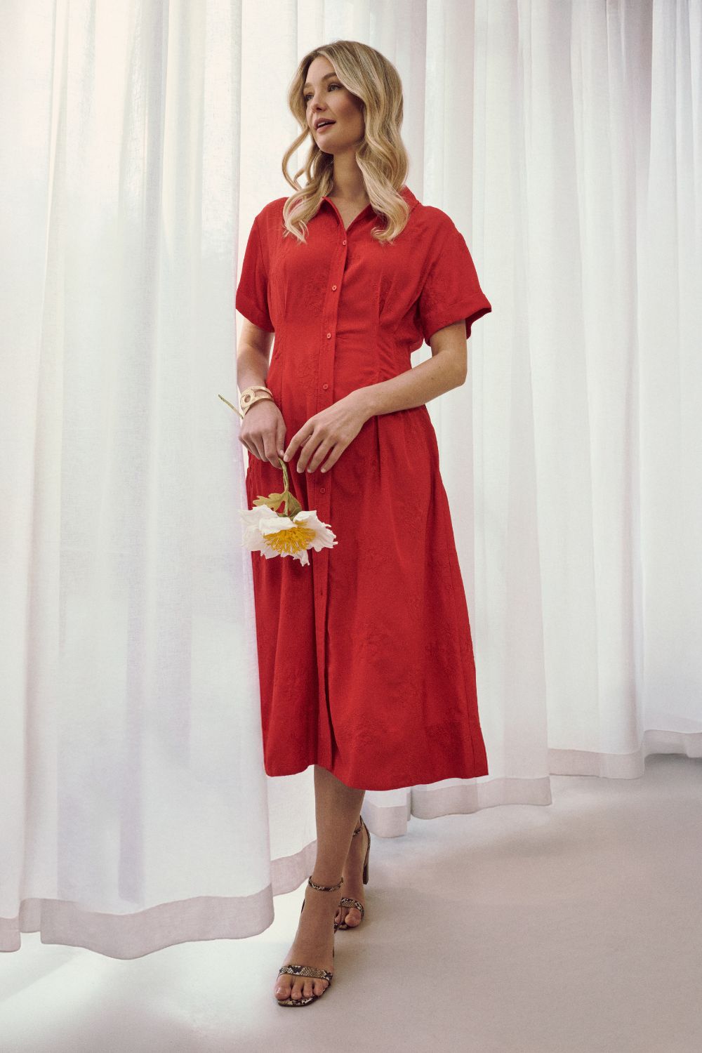 Short Sleeve Flared Midi Shirt Dress Front View