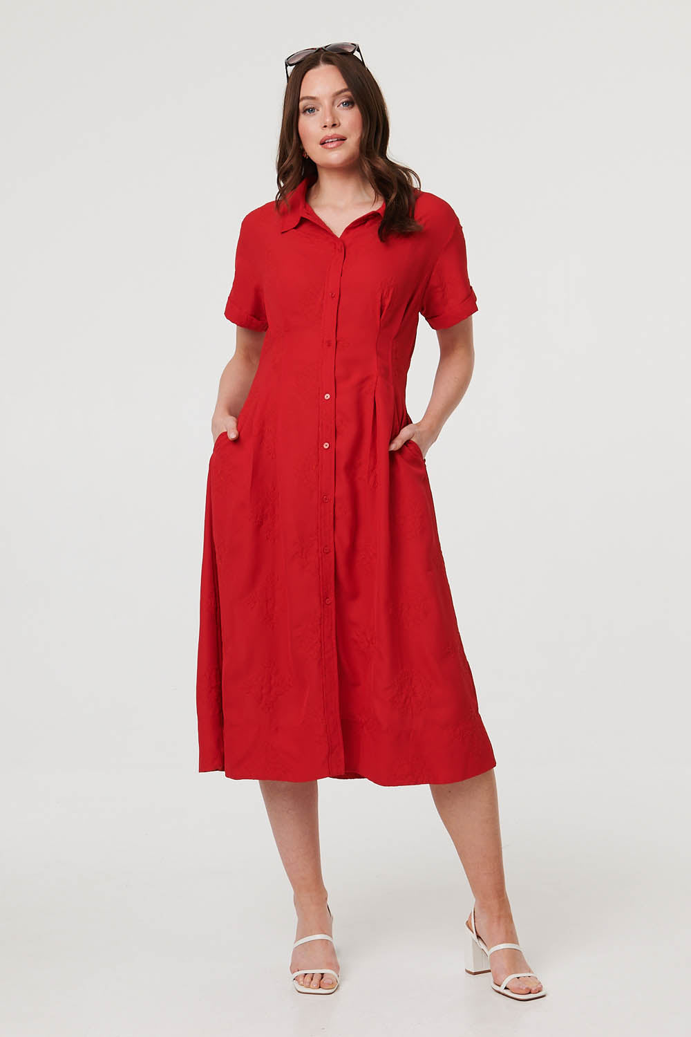 Short Sleeve Flared Midi Shirt Dress Detail View
