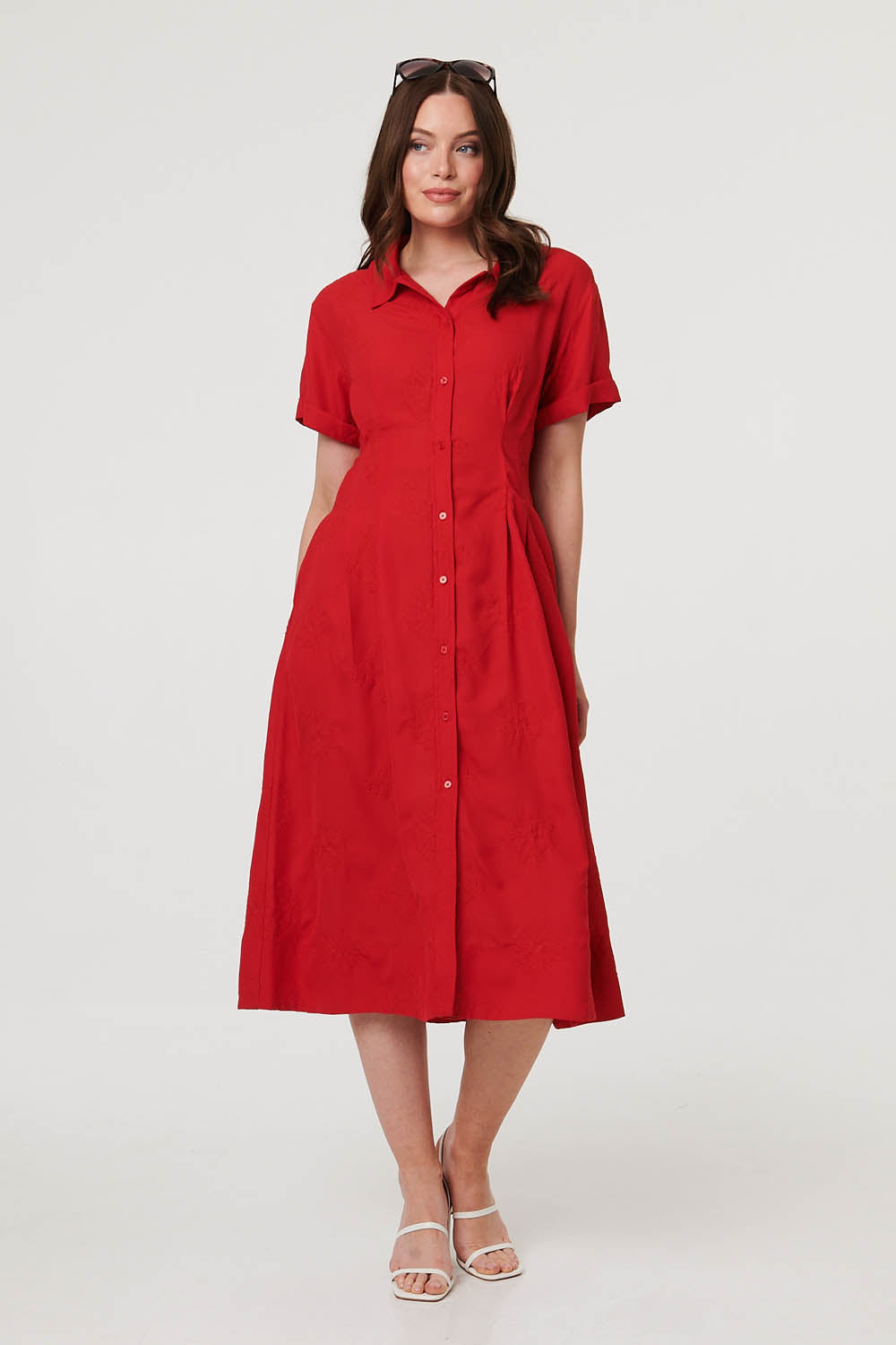 Short Sleeve Flared Midi Shirt Dress Front View 2