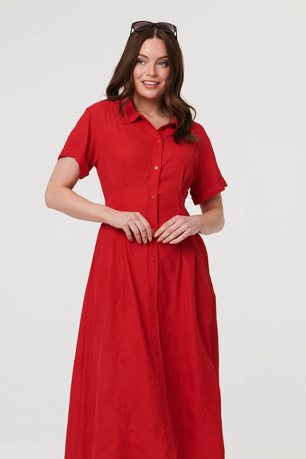 Short Sleeve Flared Midi Shirt Dress Styled View