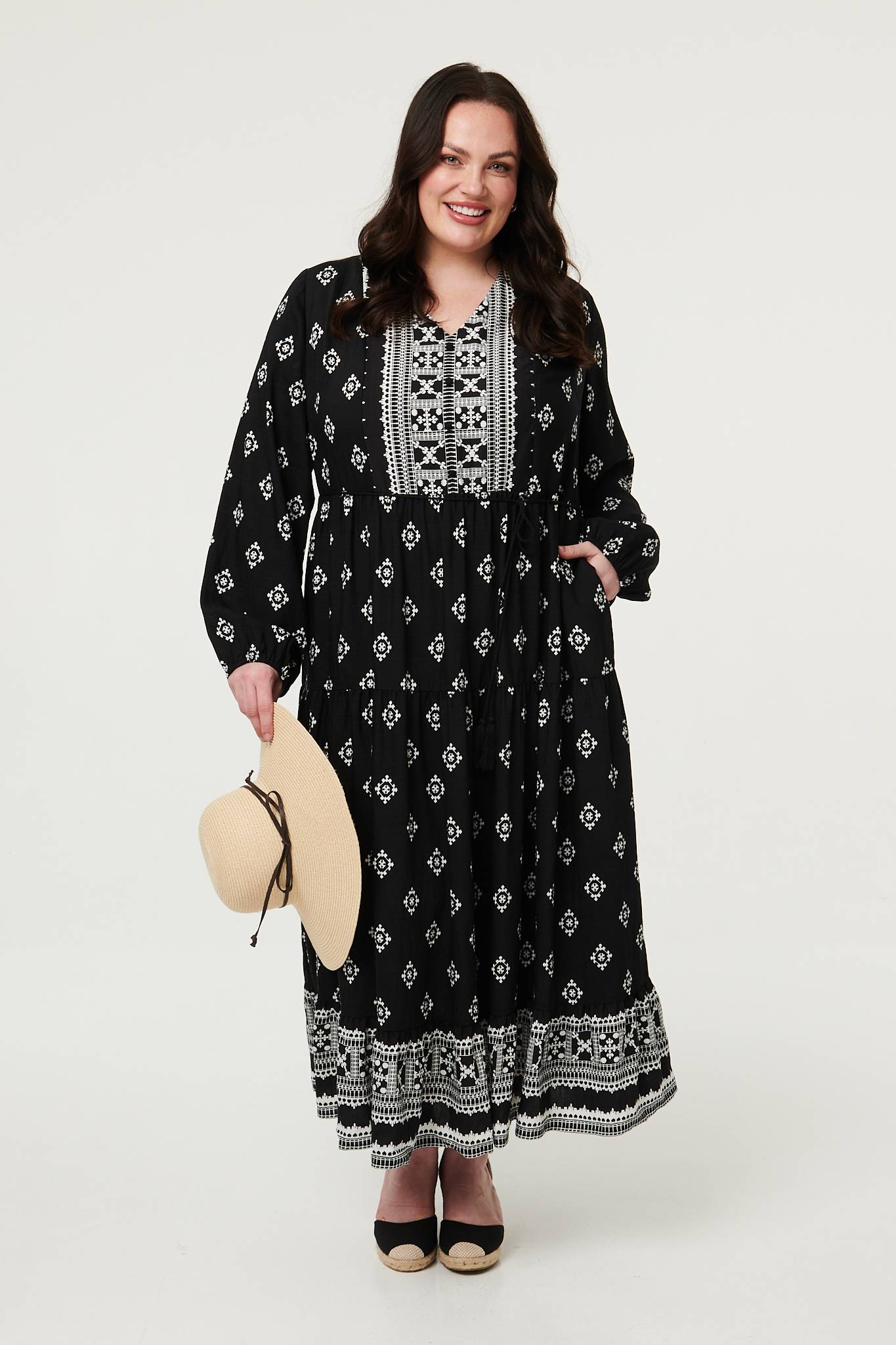 Curve Printed Long Sleeve Maxi Dress Front View 2