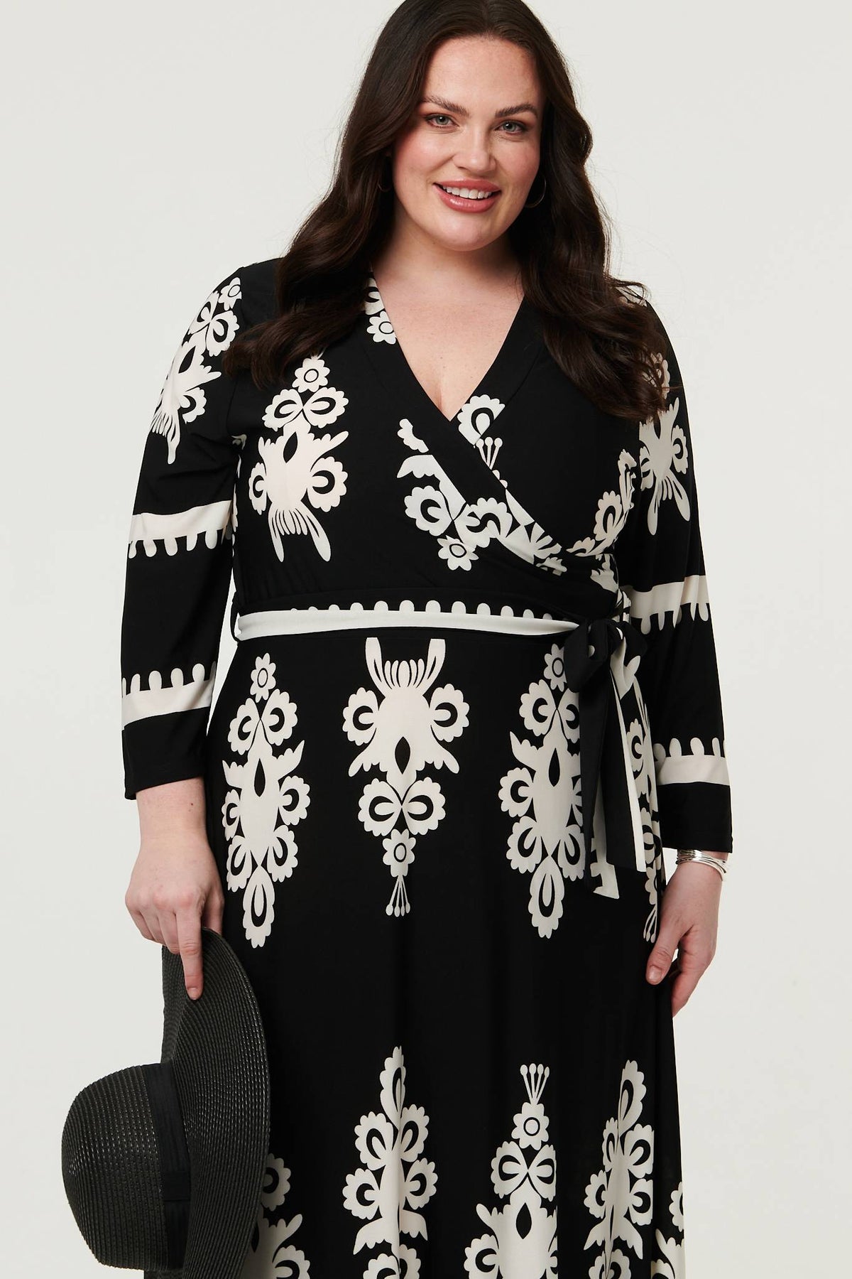 Curve Ikat Print 3/4 Sleeve Wrap Maxi Dress Back View 2