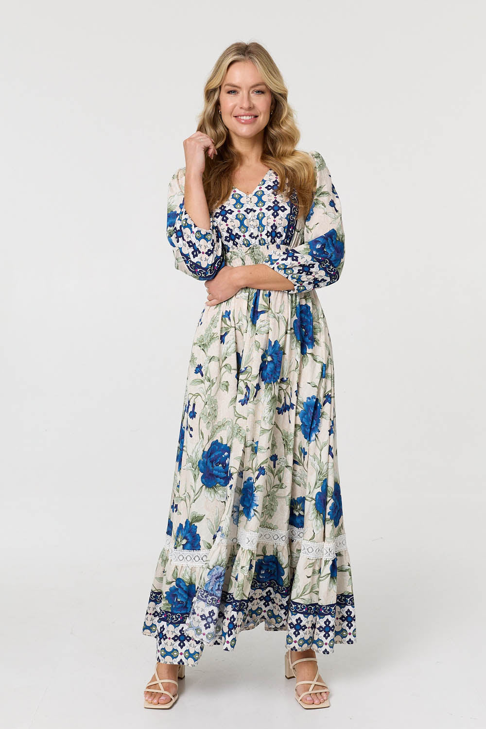 Floral Tassel Tie Long Sleeve Maxi Dress Front View