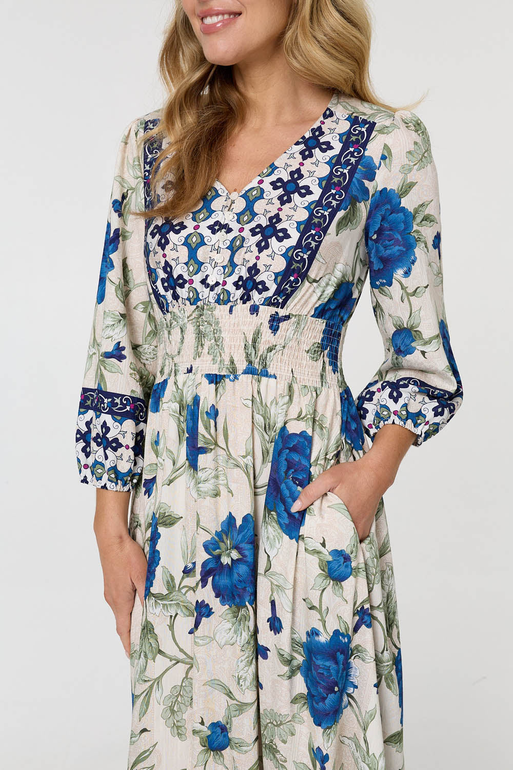 Floral Tassel Tie Long Sleeve Maxi Dress Full Length View
