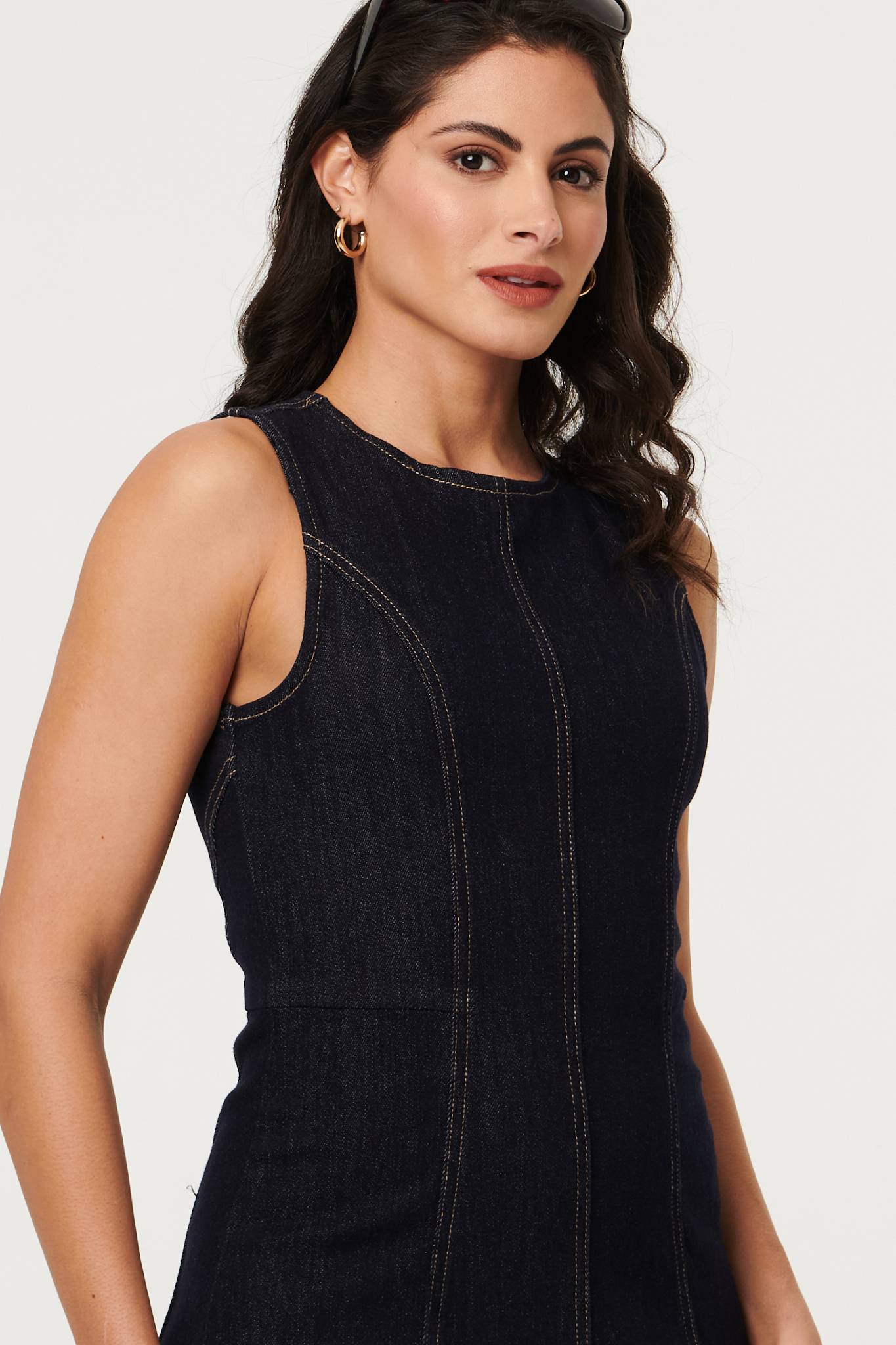 Denim Stitch Detail Fitted Midi Dress Styled View 3