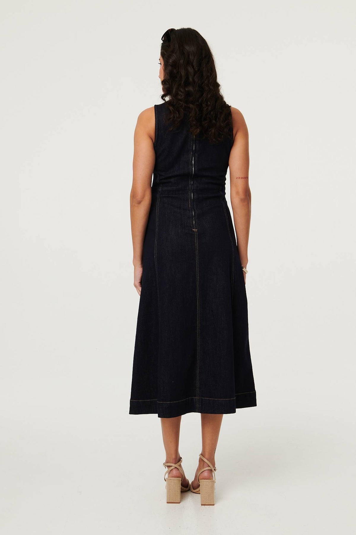 Denim Stitch Detail Fitted Midi Dress Detail View 3