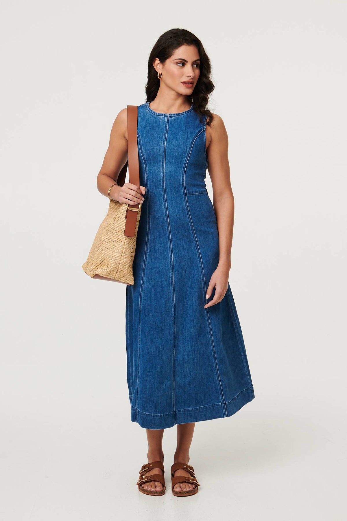 Denim Stitch Detail Fitted Midi Dress Back View 2