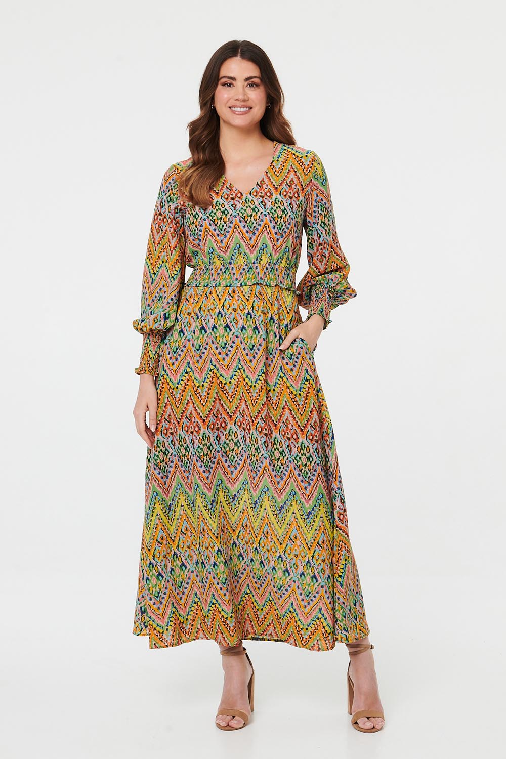 Printed Long Sleeve Shirred Maxi Dress Front View