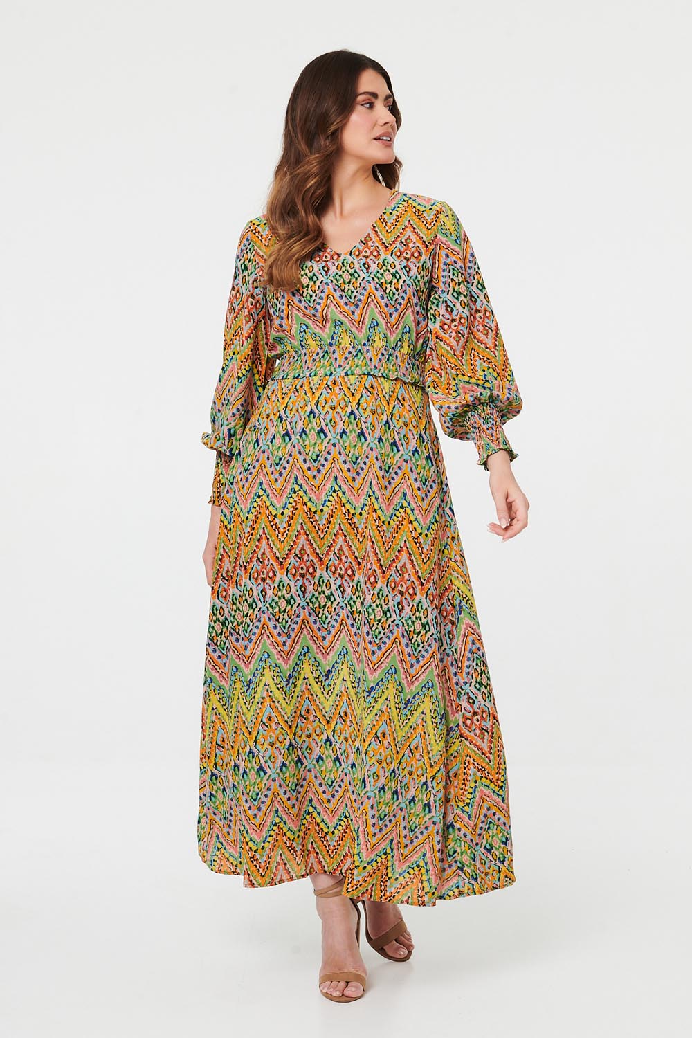 Hope | Women's Printed Long-Sleeve Shirred Green Maxi Dress