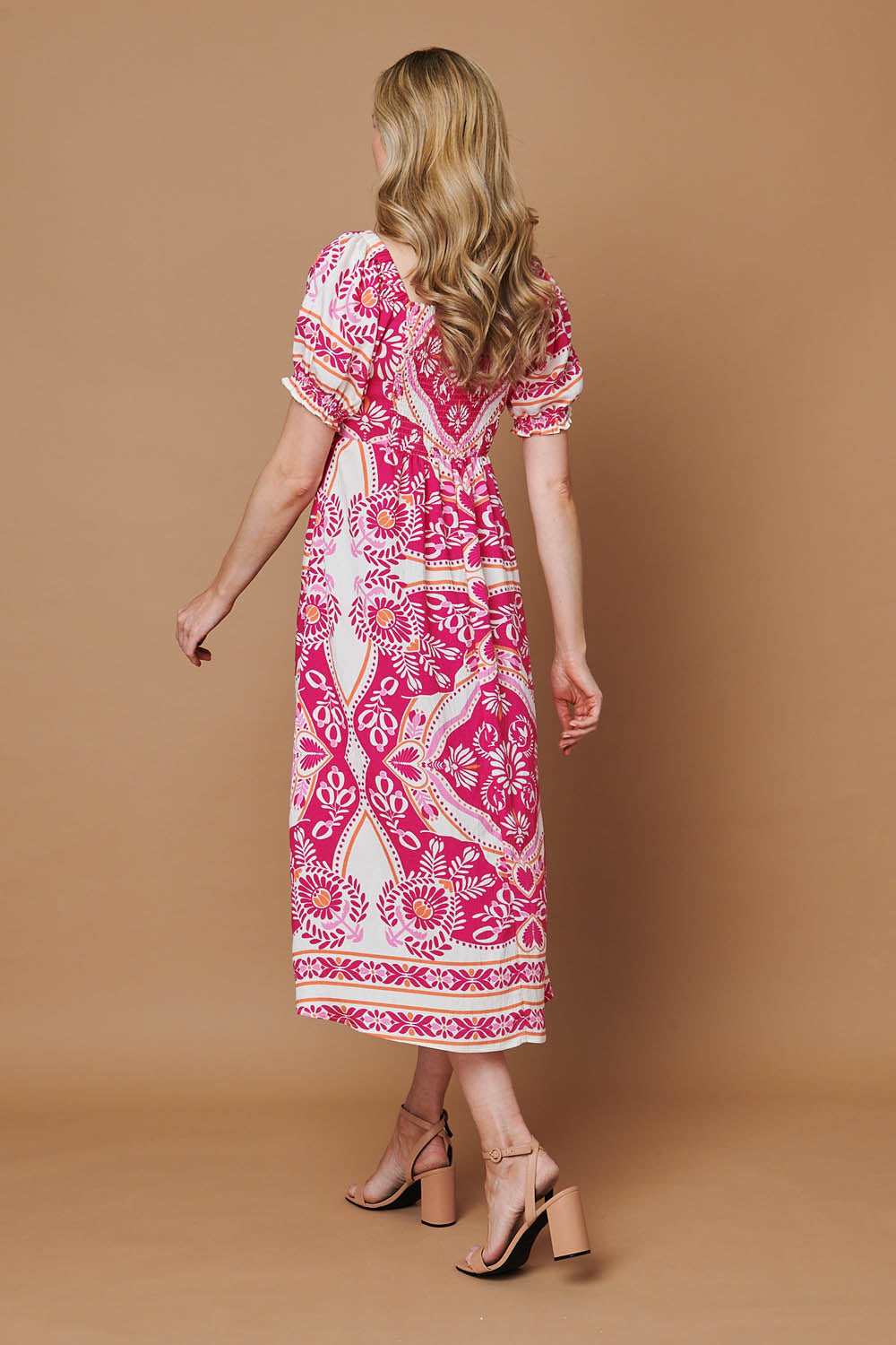 Printed A-Line Puff Sleeve Midi Dress Side View